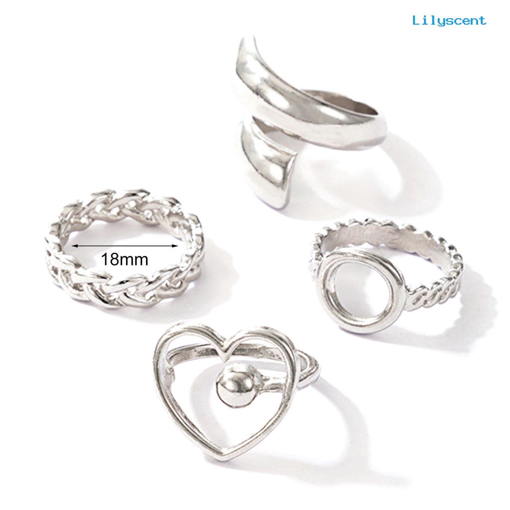 4pcs / Set Cincin Jari Bentuk Hati Geometris Model Terbuka Bahan Alloy Untuk Pesta