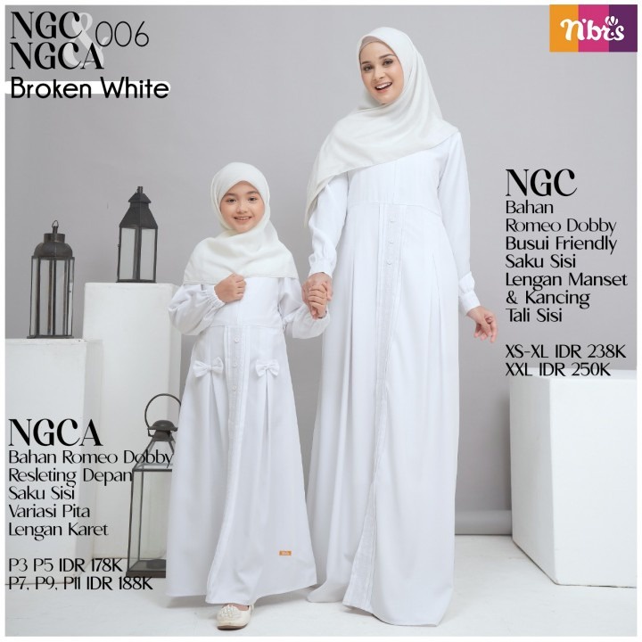 Nibras Couple NGC 006 dan NGCA 006 Gamis Capel Ibu dan Anak Hitam Putih Simple Muslim OOTD