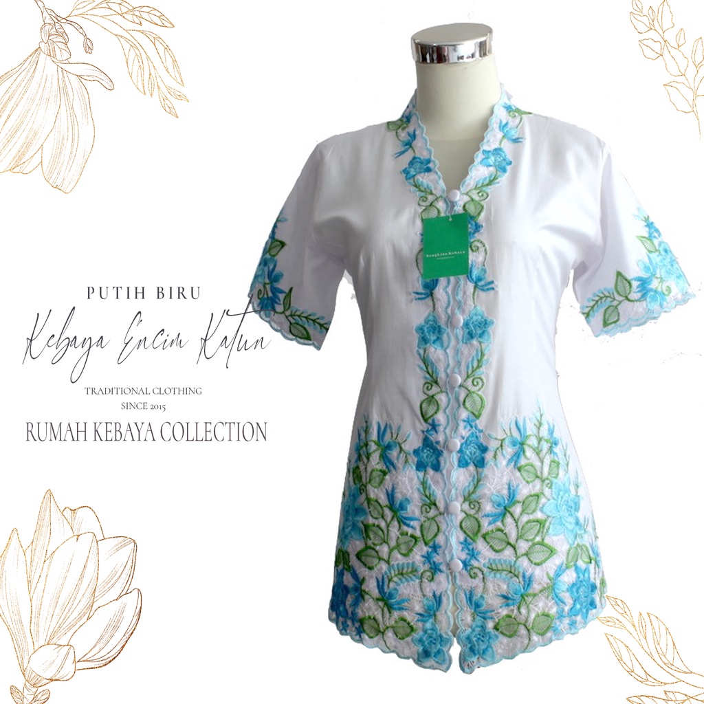 Kebaya Encim Kartini Katun Bordir Modern Putih Biru Resik Lengan Pendek Bigsize Jumbo