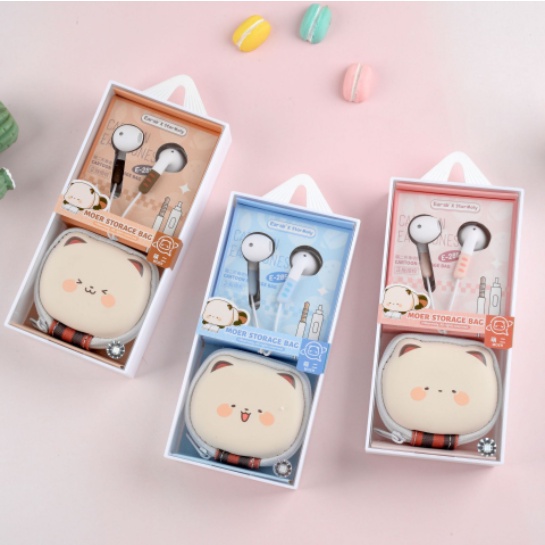 [E-285] Set Earphone MOER STORAGE BAG / Headset Karakter Animal Bear Lucu / Wadah Earphone Kepala Beruang Imut / Earphone Karakter Bear Moe