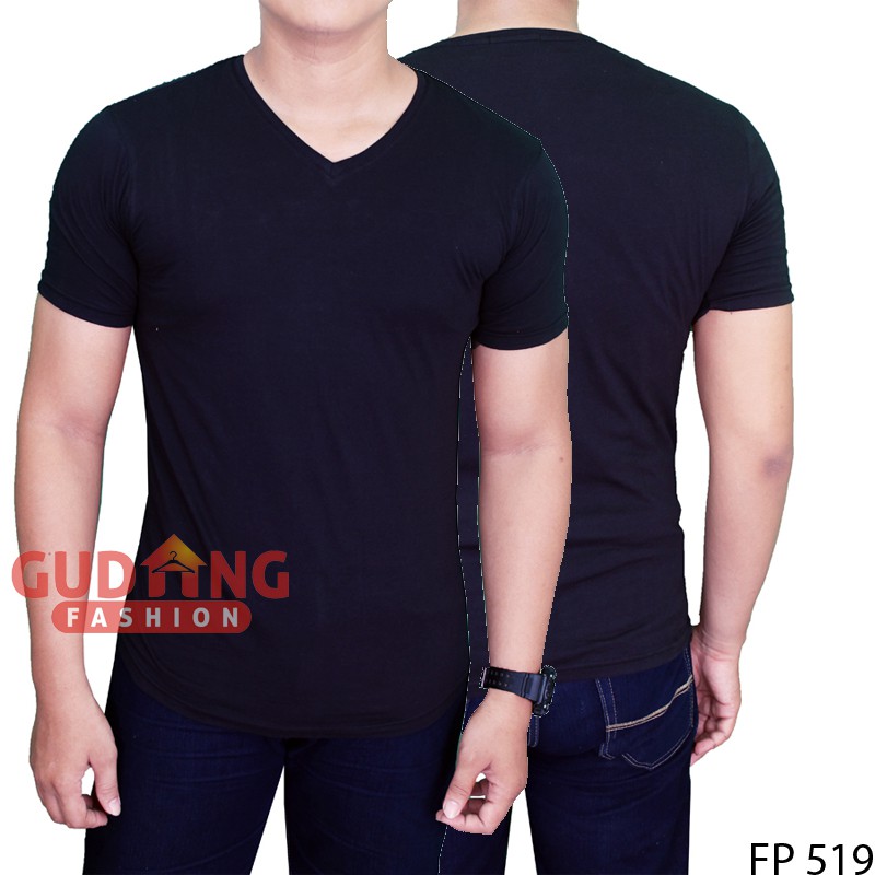 T Shirt Polos Basic Hitam Vneck Lengan Pendek Spandex - FP 519