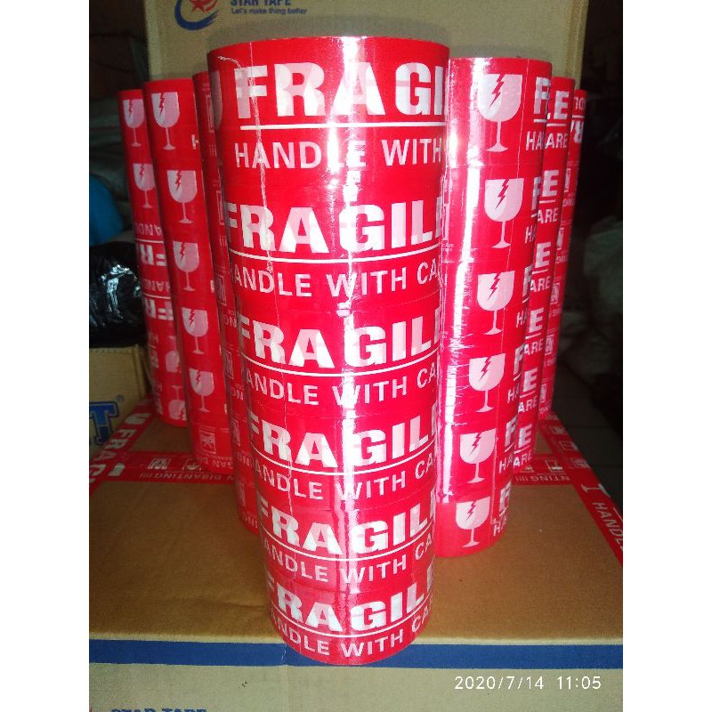 

lakban fragile jangan dibanting warna merah, lakban fragile startape 48 × 50meter