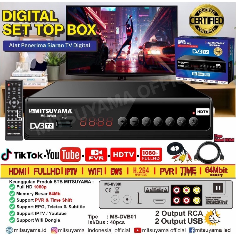 Barangunik2021 -Set Top Box Mitsuyama MS-DVB01 STB Alat Penerima Siaran TV Digital - STB+Dongle-Ms-WF01