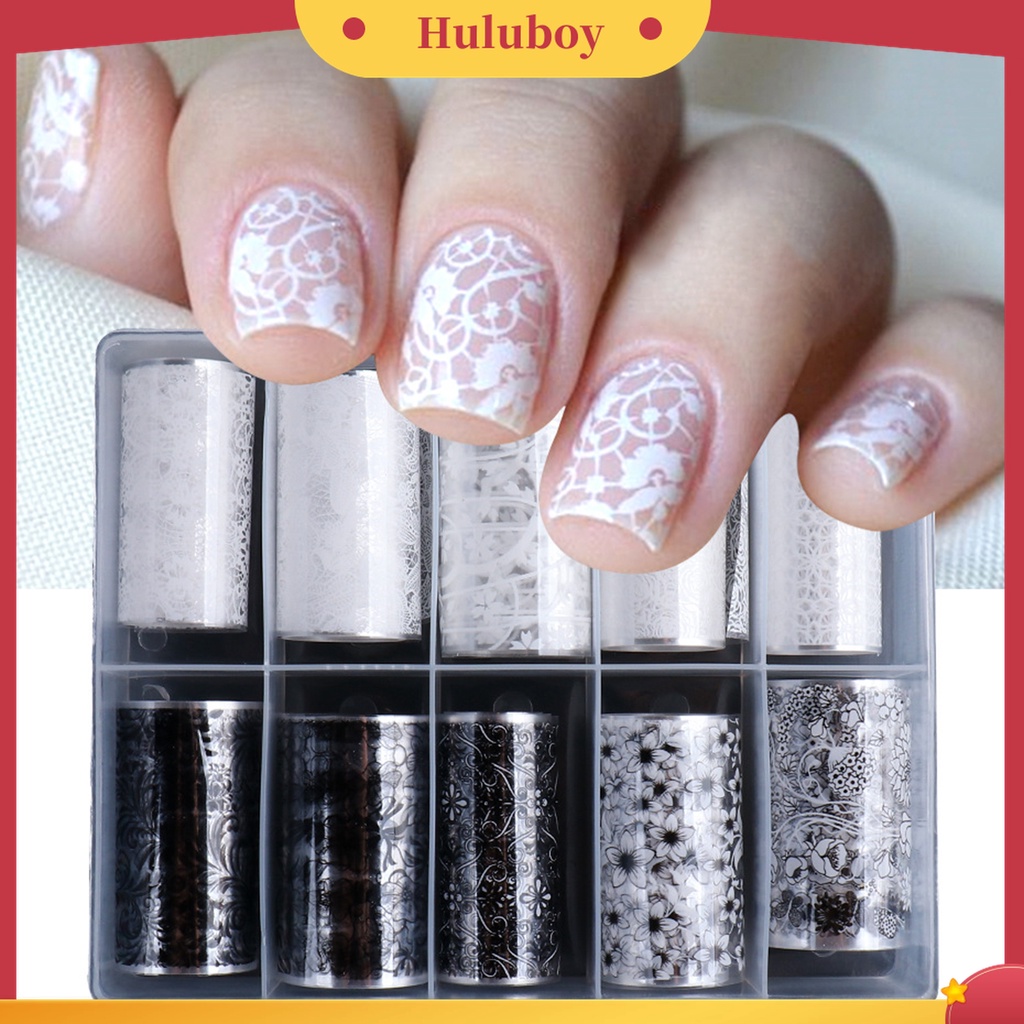 Huluboy Huluboy♡ 10pcs Stiker Kuku Motif Print Bunga Tahan Lama Untuk Manicure