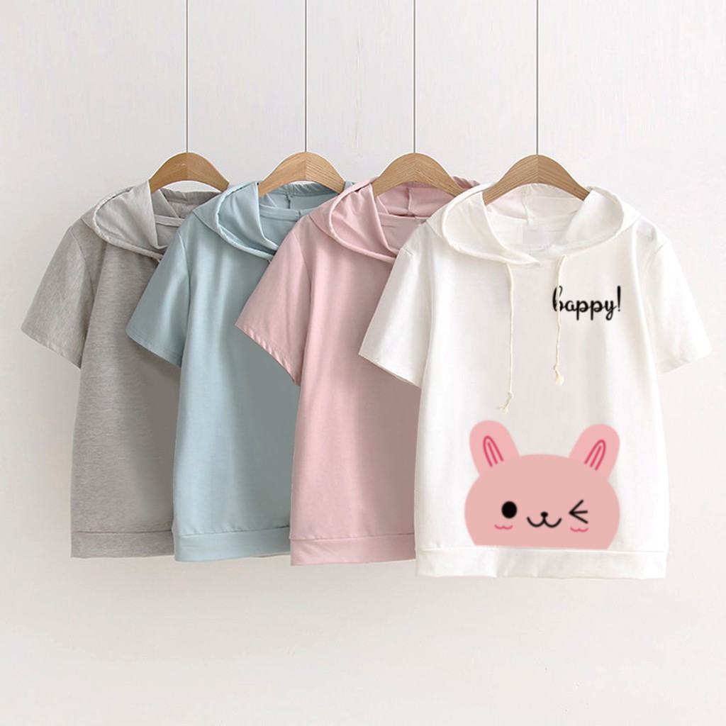 Bess - Sweater Hoodie Crop Lengan Pendek HAPPY CAT