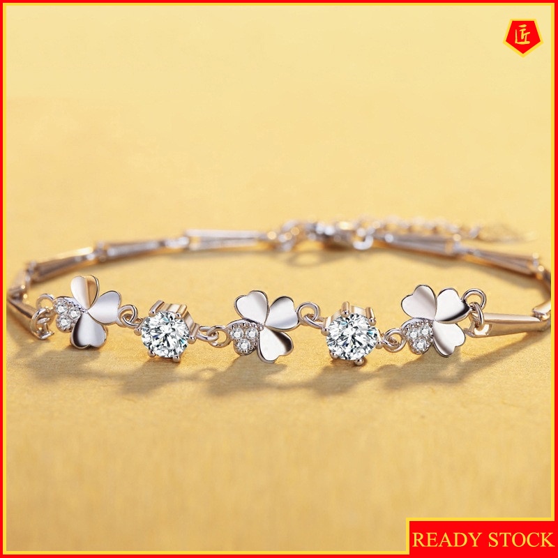 [Ready Stock]925 Silver Sweet Temperament Four-Leaf Clover Bracelet