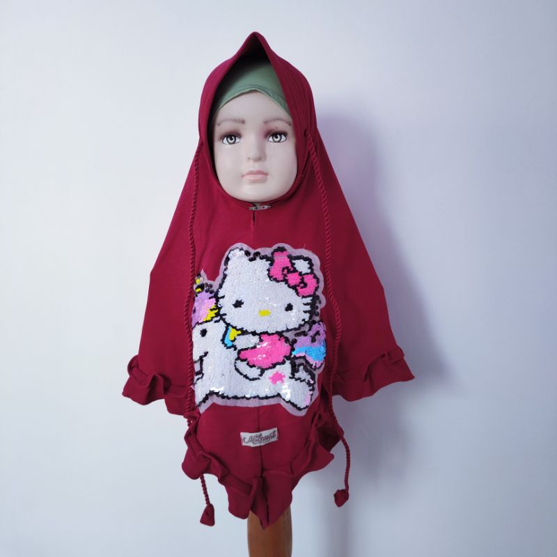 Jilbab Anak Hellokitty 4 5 6 7 8 tahun rempel fanta merah hitam ( jilbab  HK rumpa )