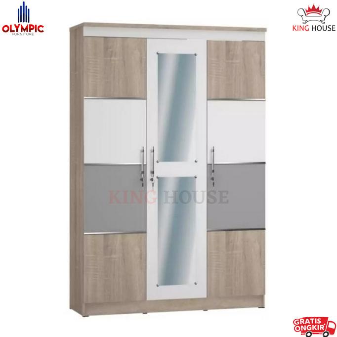 Navaro 3 Pintu Lemari Pakaian Minimalis 120x43x181 cm Putih Cream Silver