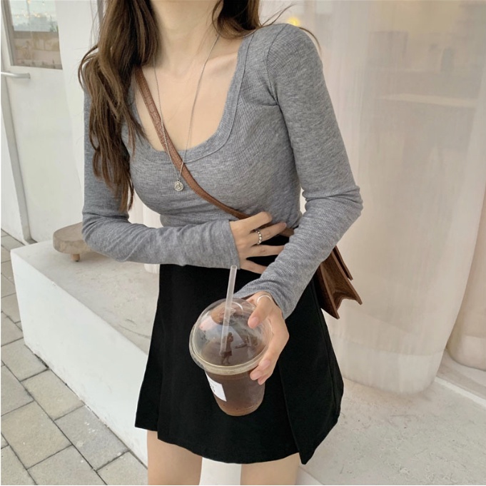 GirlWish Fashion Korean Crop Long Sleeve U-Neck Knit Top Atasan Crop Lengan Panjang