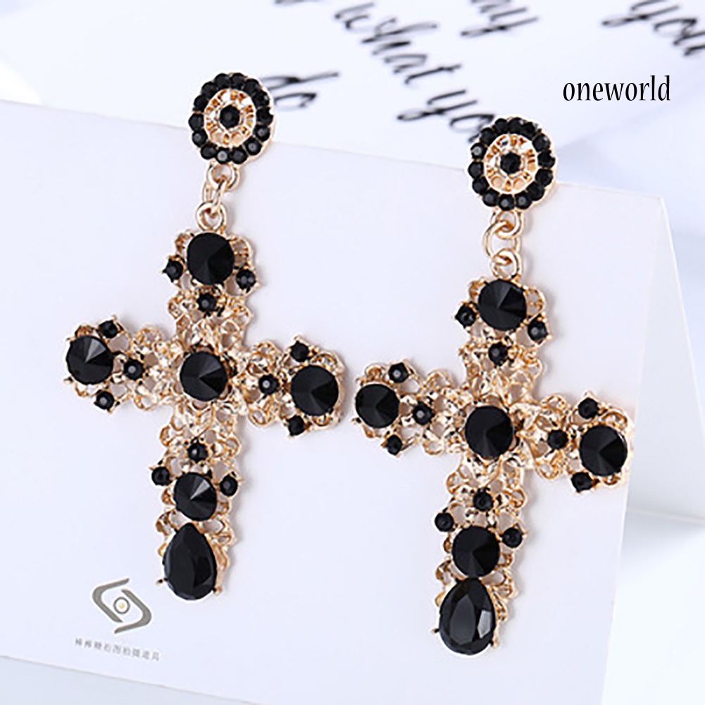 OW@ Vintage Women Rhinestone Inlaid Hollow Cross Charm Earrings Party Jewelry Gift