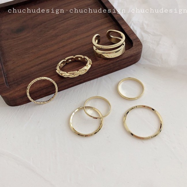 IFYOU 7pcs / Set Cincin Rantai Emas Model Terbuka Gaya Retro Korea Untuk Aksesoris Perhiasan