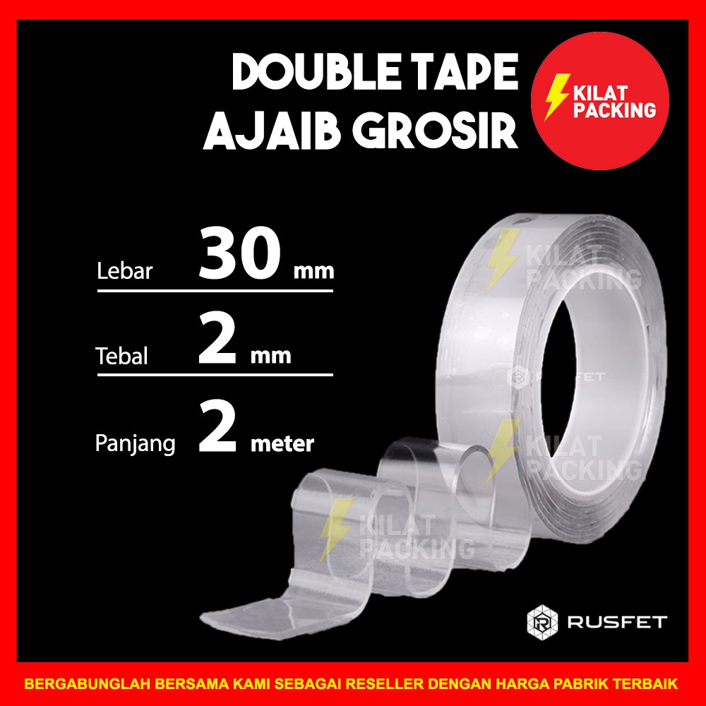 

DOUBLE TAPE AJAIB LAKBAN RUSFET Isolasi 2 Sisi Solatip 30 mm X 2 meter Tape KUAT TERMURAH SATUAN