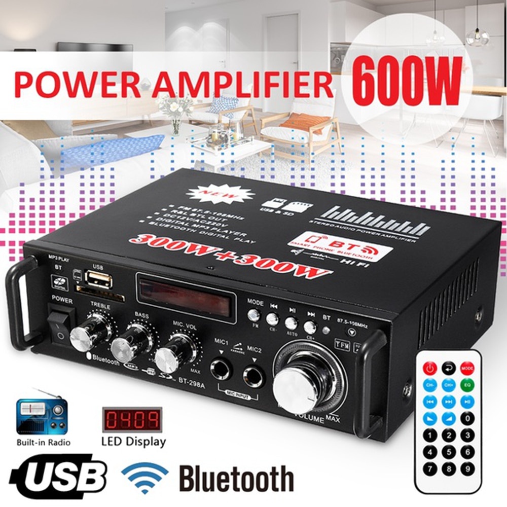 600W   BT-298A Power Ampli Amplifier Bluetooth Karaoke Home Theater FM Radio