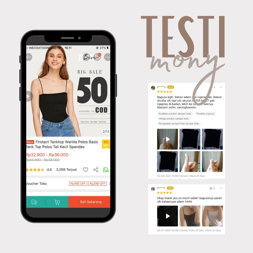 Firstact Tanktop Wanita Polos Basic Tank Top Polos Tali Kecil Spandex-5