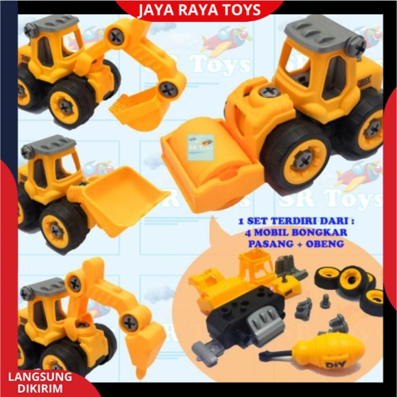 Mainan Edukasi Anak | Mobil Bongkar  Model Truk konstruksi Lengkap Isi 4 Bonus Obeng 1SET 4PCS KGP-10