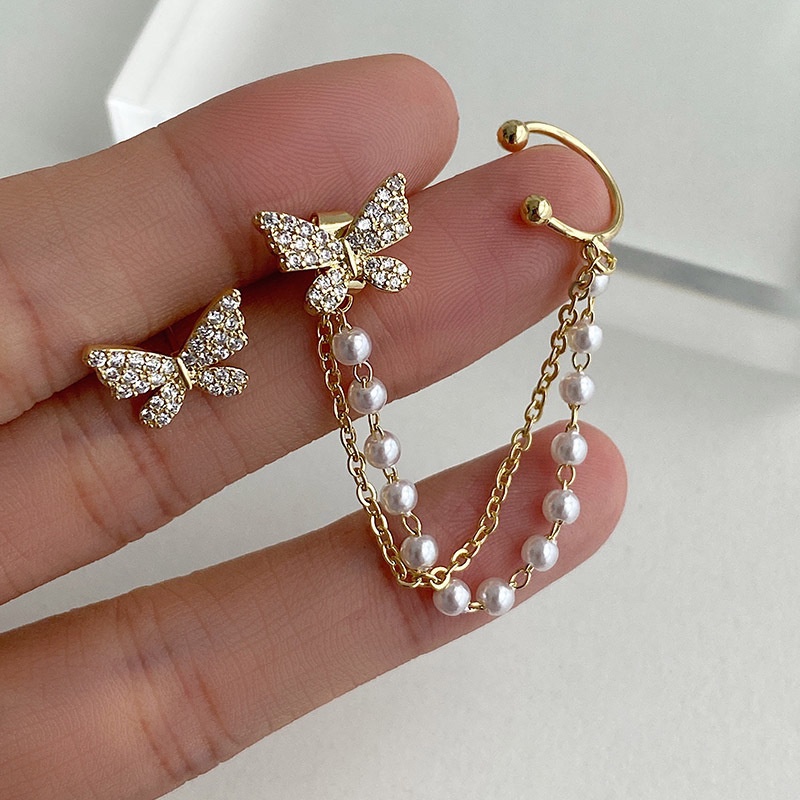 [Featured] 1 Pair Minimalist Asymmetrical Crystal Butterfly Ear Bone Gold Clip Earring / Ladies Elegant Simulation Pearl Earrings  With Long Chain