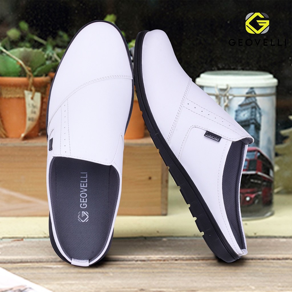 Sepatu Selop Pria Kasual Bustong GEOVELLI Model Terbaru G-1951 Full White Sandal Haji Umro