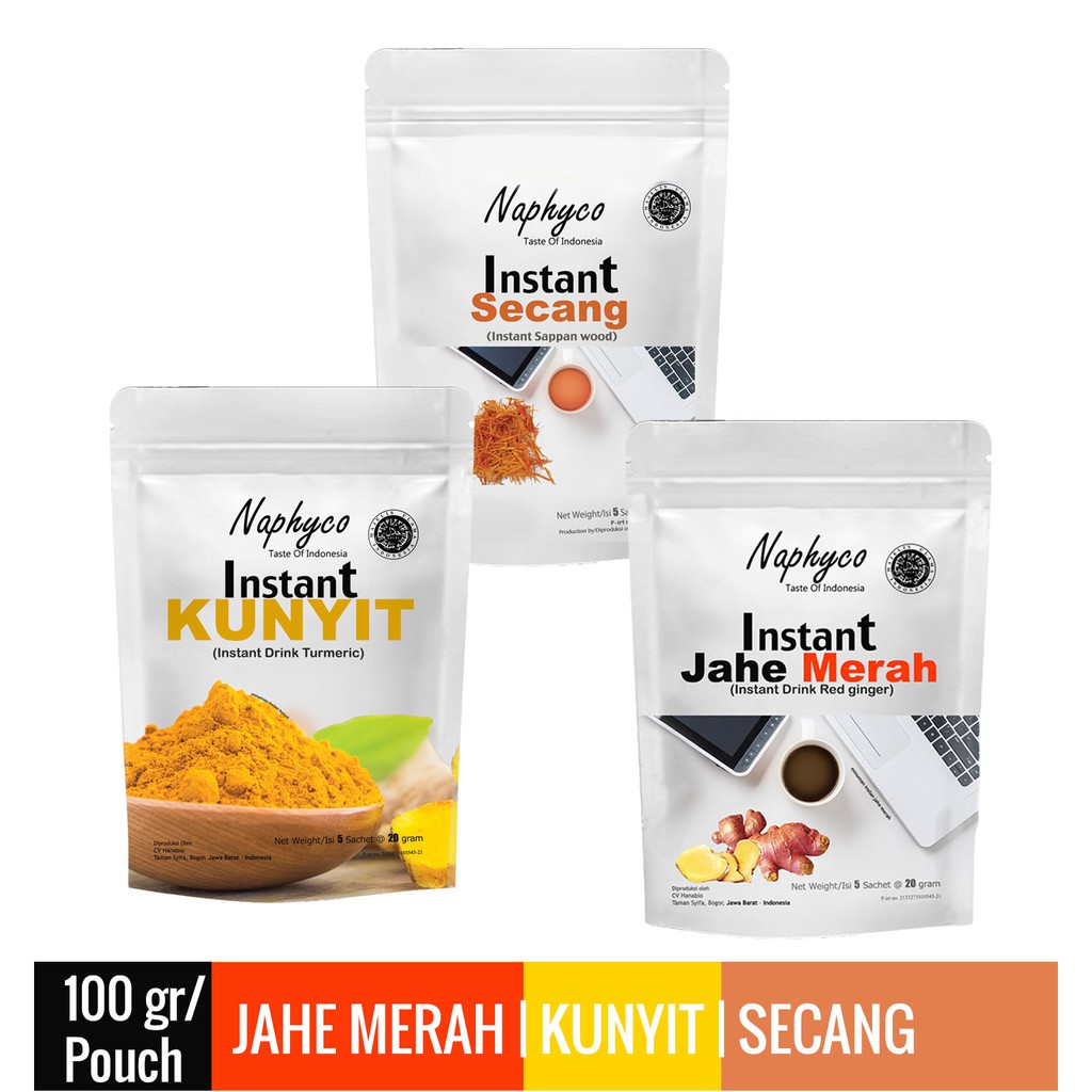 

Naphyco Instan Jahe Merah/Kunyit/Secang 100 gr x 3 Pouch (Paket Mix)