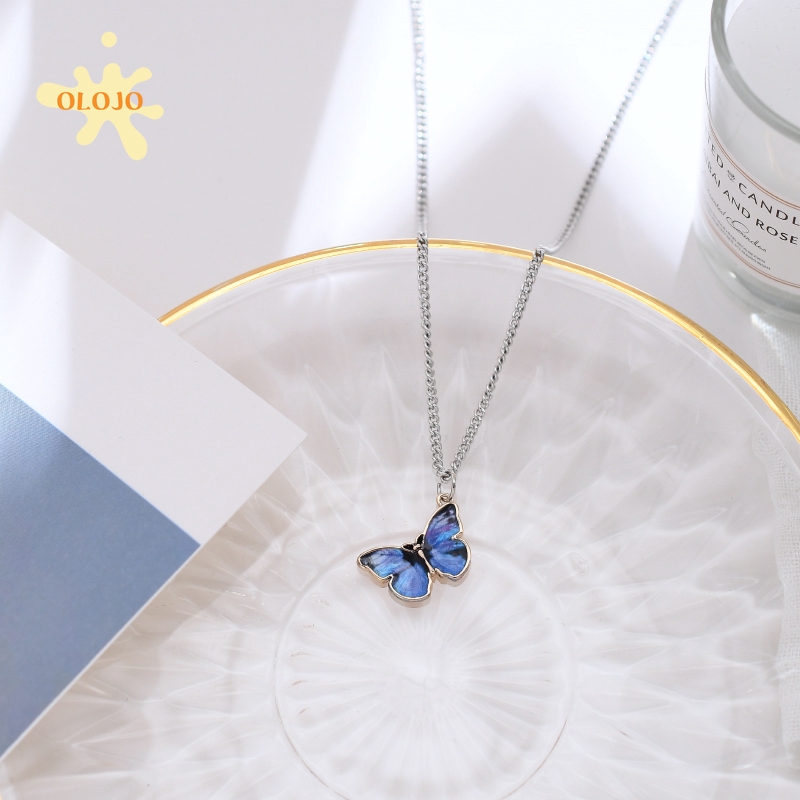 OLOJO Kalung kupu-kupu biru keren gaya sederhana rantai klavikula, Fashion perhiasan