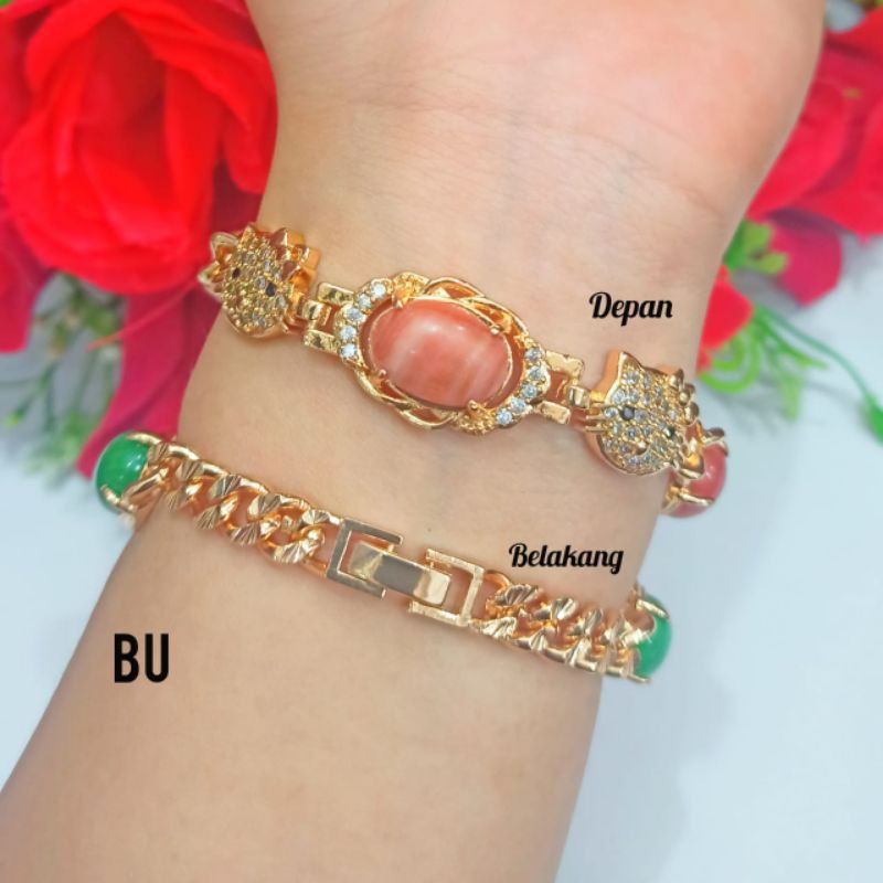 NEW!!! TERBARU GELANG TANGAN WANITA TITANIUM MOTIF HK DAN BATU GIOK ANTI ALERGI LAPIS EMAS GOLD