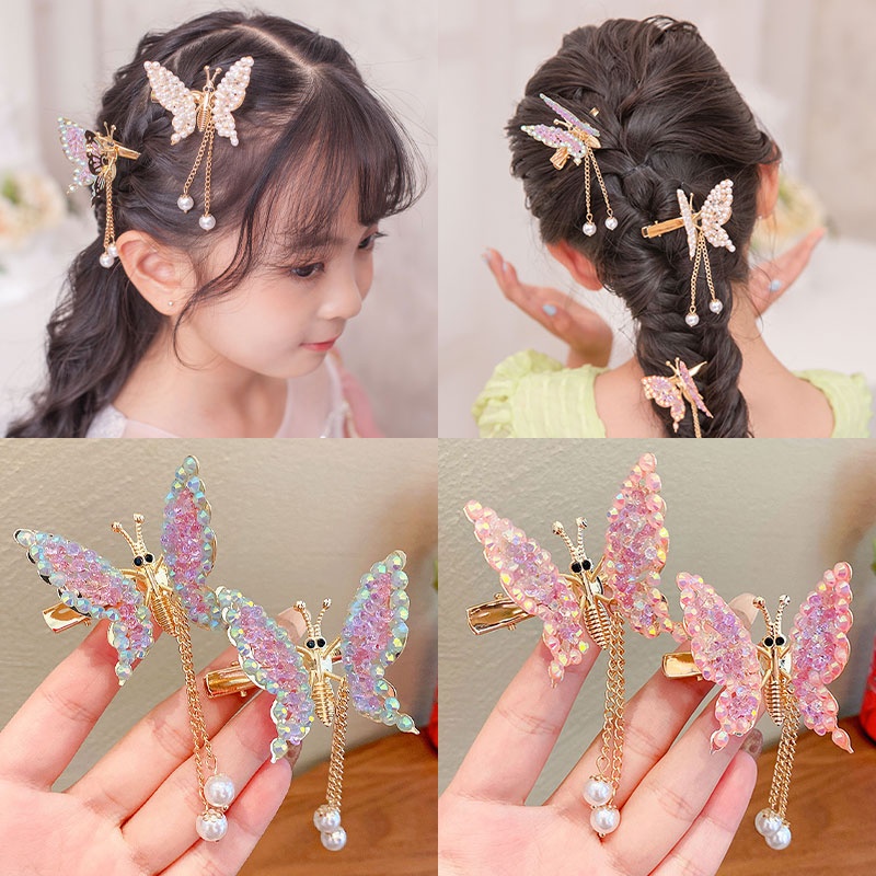 Jepit Rambut Model Butterfly Rumbai Aksen Mutiara Dan Berlian Imitasi Untuk Anak Perempuan