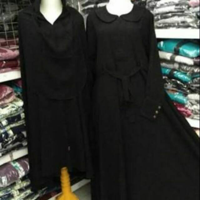 Po set gamis jetblack jilbab sepaha, selutut, dan sebetis free cadar tali