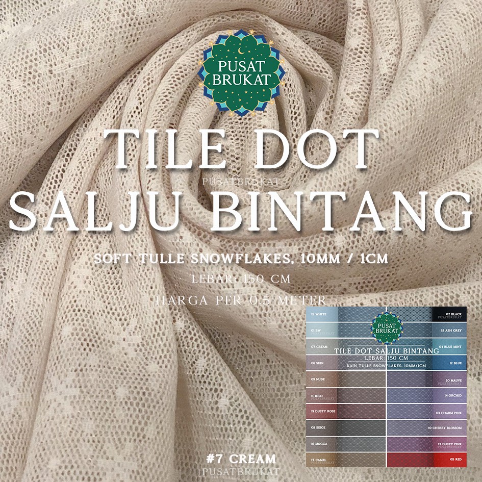 KAIN TILE DOT SALJU BINTANG 1 / TULLE SNOW FLAKES #1, Ø 1CM / 10MM, LEBAR:150CM [harga per 0.5m]