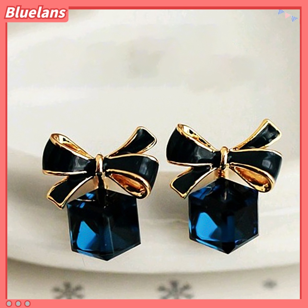 Bluelans 1 Pair Fashion Faux Crystal Bowknot Cube Ear Stud Earring Jewelry Accessory