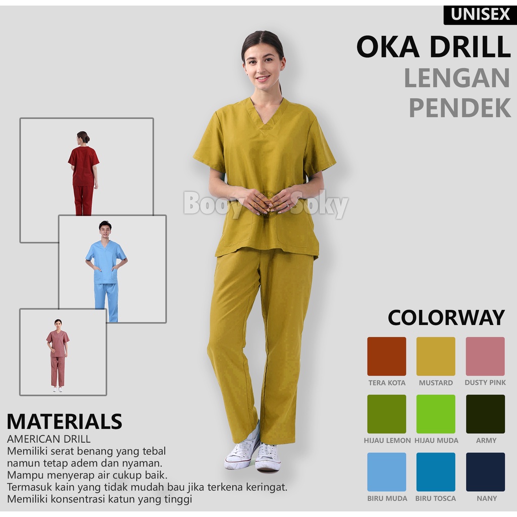 BAJU JAGA PERAWAT OK MEDIS LENGAN PENDEK WANITA PRIA SERAGAM OKA SCRUB MEDICAL AMERICAN DRILL TERBARU KEKINIAN V NECK SET WARNA MUSTARD MEREK BOOY SOKY