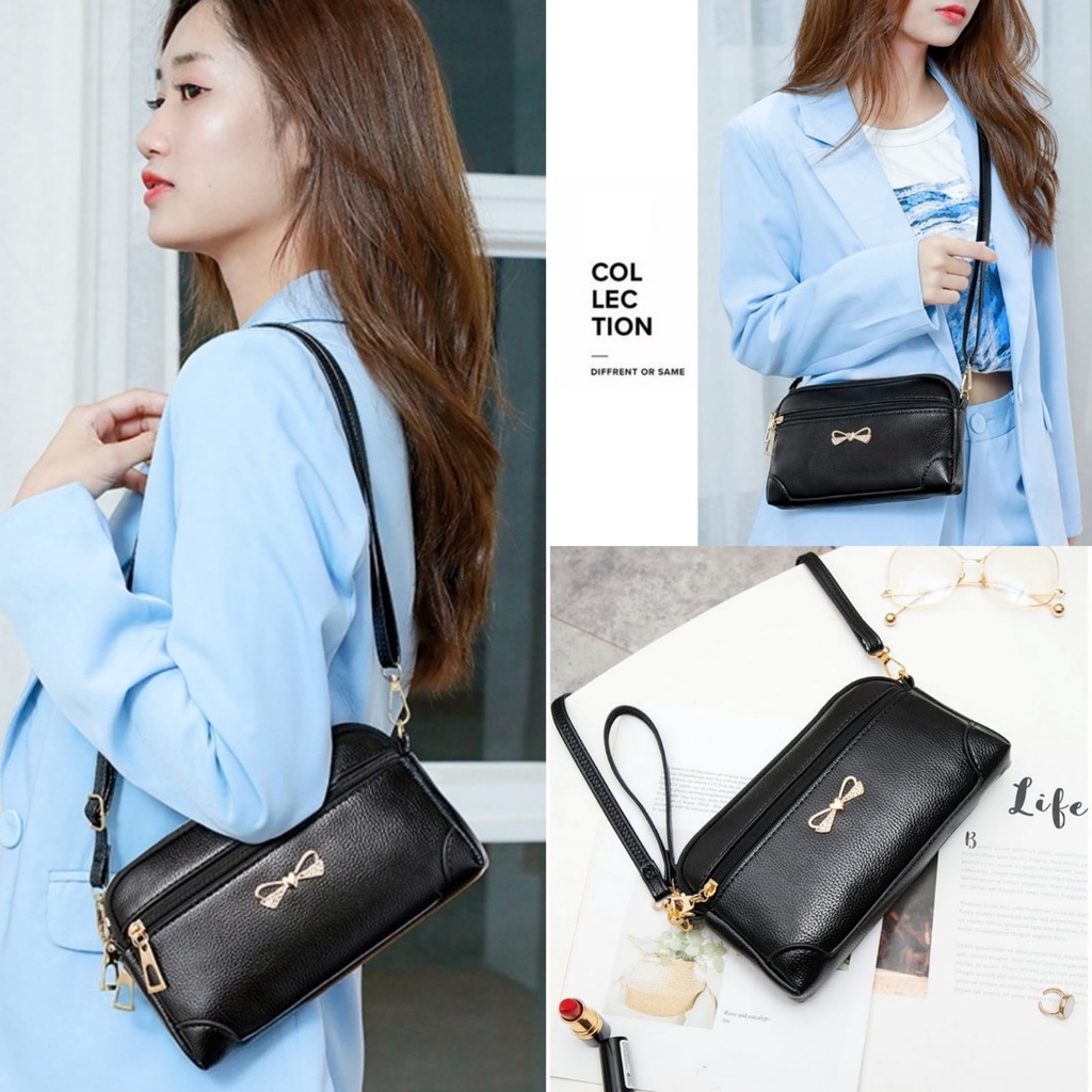 TAS SELEMPANG WANITA KECIL PREMIUM HITAM KULIT TA541B5 MONTY IMPORT SLING BAG KOREA REMAJA  SIMPLE BRANDED BATAM CEWEK KEKINIANMURAH