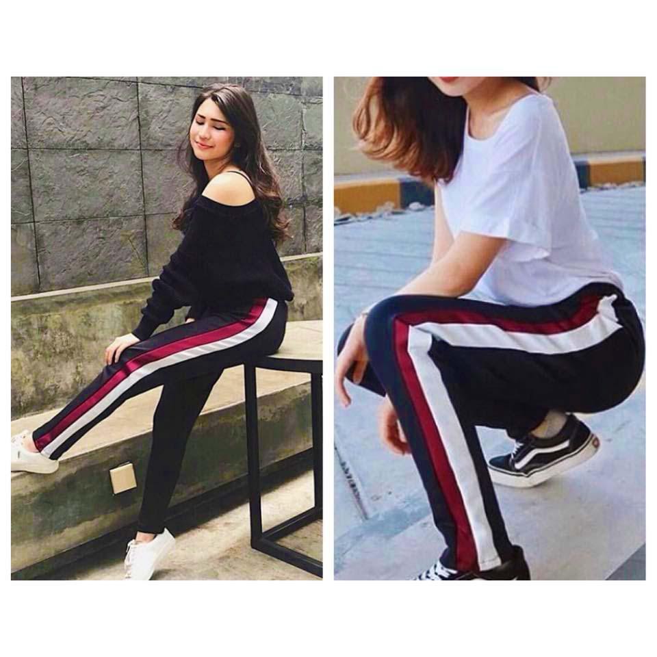 [NS] CELANA LIST SCUBA Maroon Putih /Merah Putih Side Stripe Pants/ Celana Cewek / Celana Legging