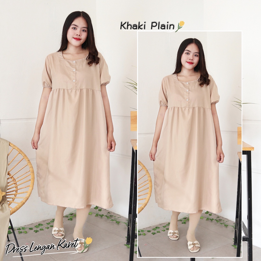 IZANY  Daster Dewasa Lengan Karet / Dress Wanita Lengan Karet Polos Plain-KHAKI PLAIN