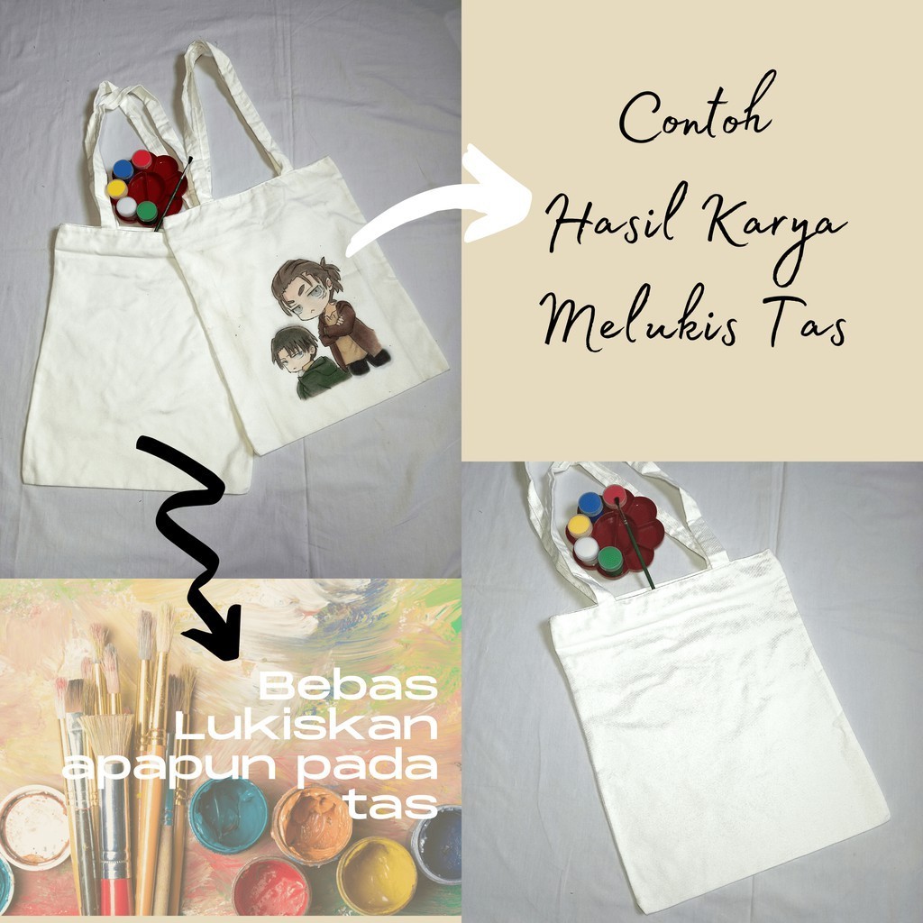 

Paket Kreatif Totebag Lukis ( totebag bahan Baby Canvas 30 cm X 35 cm, Cat Tekstil 6 warna hitam, putih, merah, kuning, biru, hijau), Kuas & Pallete)