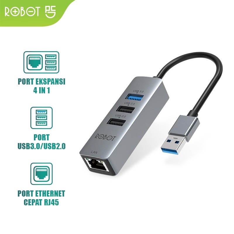 ROBOT HEA100 4 in 1 USB Hub 3.0 / 2.0 with 10 / 100 Mbps LAN RJ45 Ethernet Adapter Plug and Play Compatible For Windows / Linux / Vizta / Mac OS Original - Garansi 1 Tahun