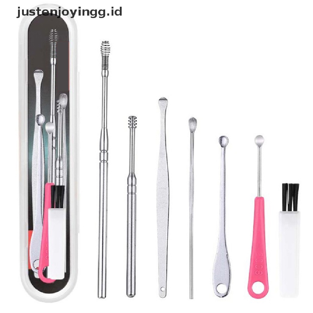 // justenjoyingg.id // 7Pcs/Set Stainless Steel Ear Pick Curette Wax Earpick Scoop Remover Cleaner Tool ~