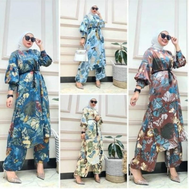 SETELAN CELANA LONG TUNIK MAXMARA TANGAN BALON SETCEL ONESET MOTIF