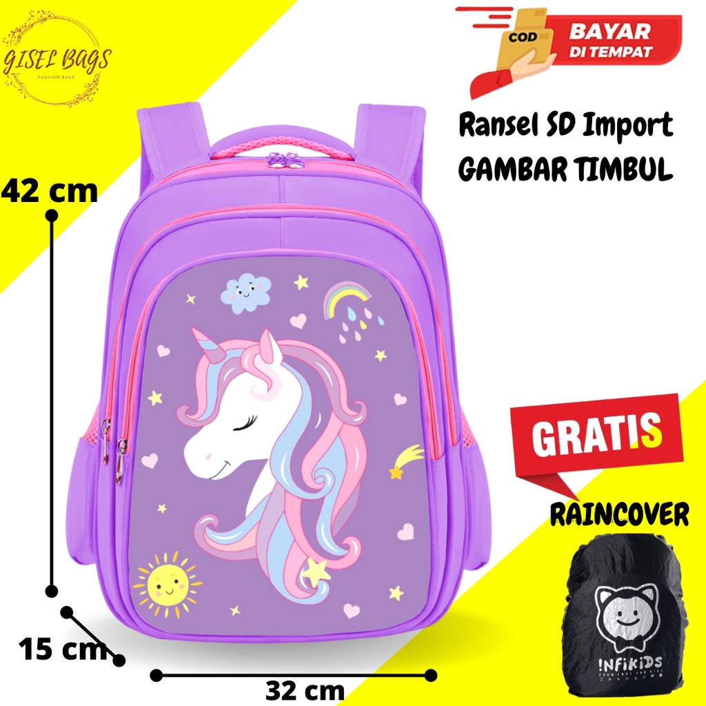 GB Tas sekolah anak perempuan SD gambar timbul ransel anak import bahan nilon tebal