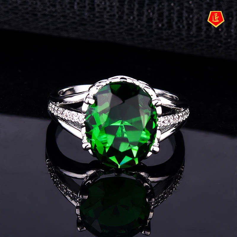 [Ready Stock]Fashion Elegant Green Colored Gems Ring Female 925 Silver