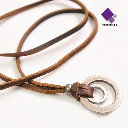 Naiveblue Kalung Tali Kulit Adjustable Dengan Liontin Cincin Ganda Warna Coklat Untuk Pria / Wanita