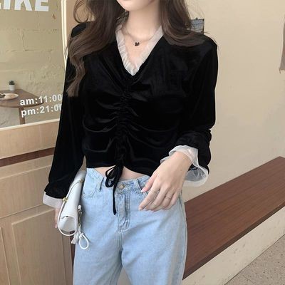 Kaos T Shirt Wanita Model Stitching Lengan Panjang Dengan Kerah V Neck Dan Potongan Longgar Shopee Indonesia