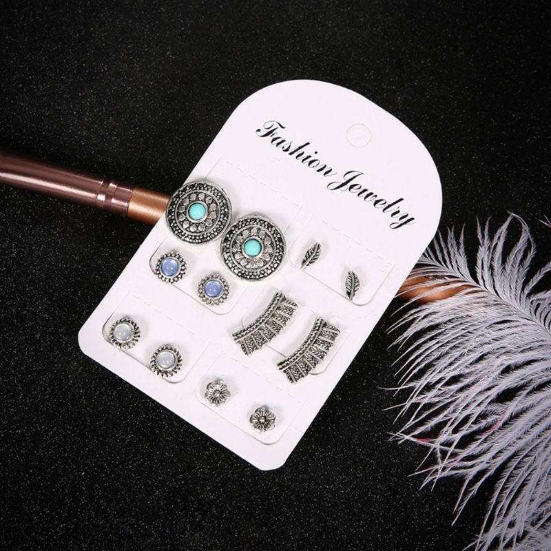 SIY  6 Pair Ear Stud Vintage Floral Stone Jewelry Fashion Bohemia Retro Set Ornaments