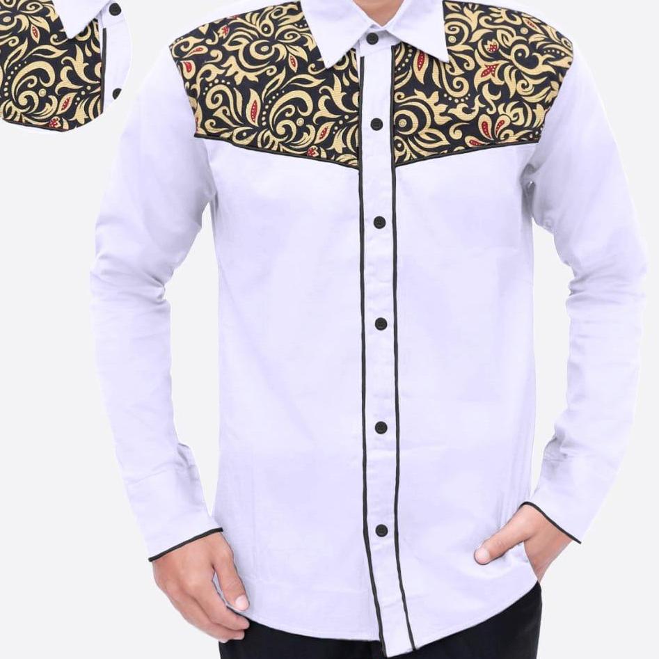 ▲ Kemeja Pria Batik Kombinasi Polos Lengan Panjang | Kulin | Hem Pria Kantor Kasual Motiif Modern ➬