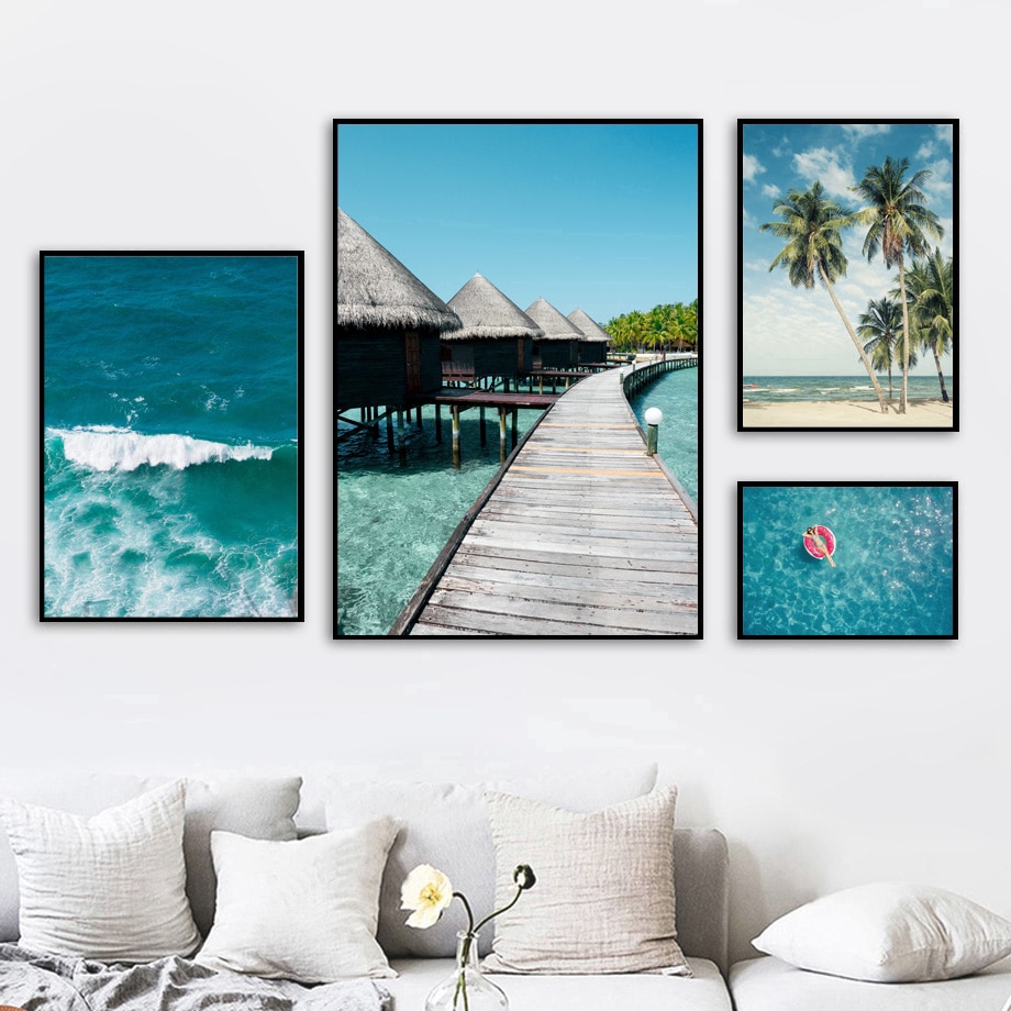 Sea Wave Bridge Palm Tree Landscape Wall Art Canvas Painting Nordic Posters Prints Wall Pictures Shopee Indonesia