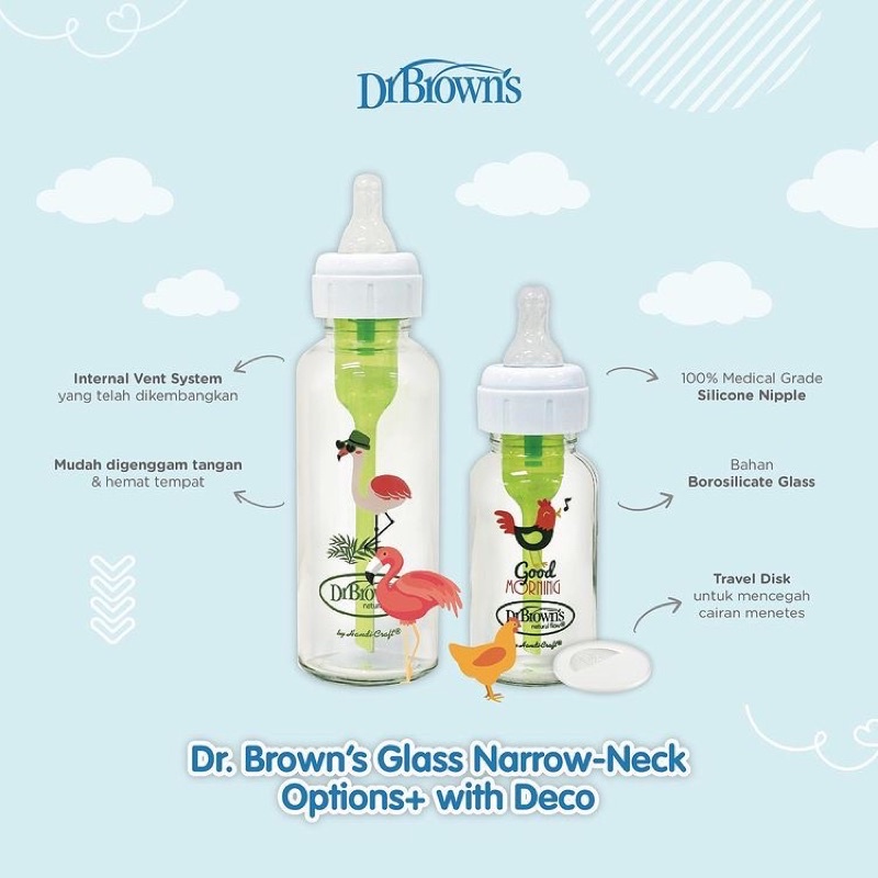 Dr.Brown's 8oz/250ml Glass Narrow Options+ Bottle with Flamingo Deco - Botol Susu