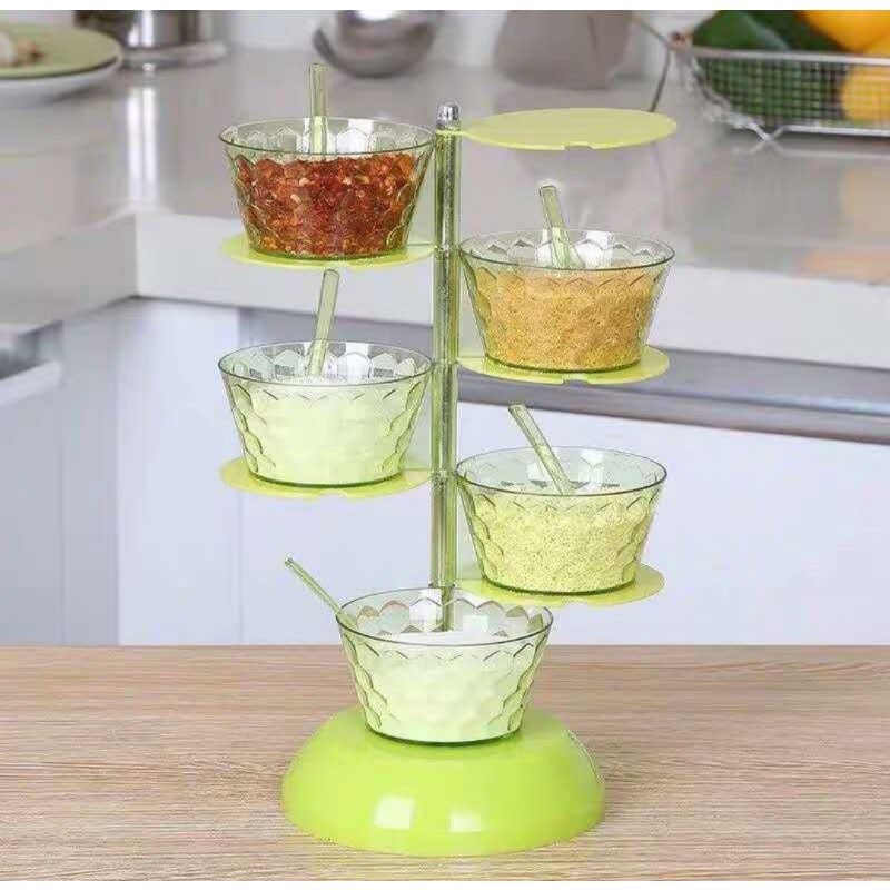 Rak Tempat Bumbu Putar 5 susun Wadah Bumbu Dapur Set Minimalis Kekinian