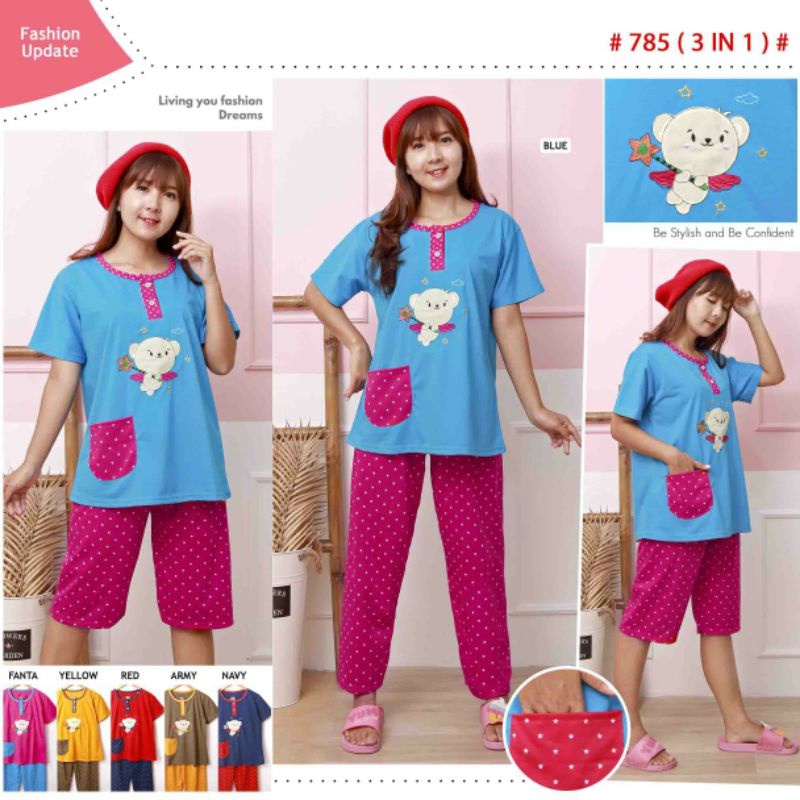 PIYAMA 3IN1 MERK MEOW / SETELAN BAJU TIDUR 3IN1