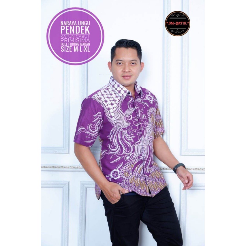 Hem batik pria terbaru /hem batik warna ungu lilac / kemeja batik lengan pendek warna ungu lilac