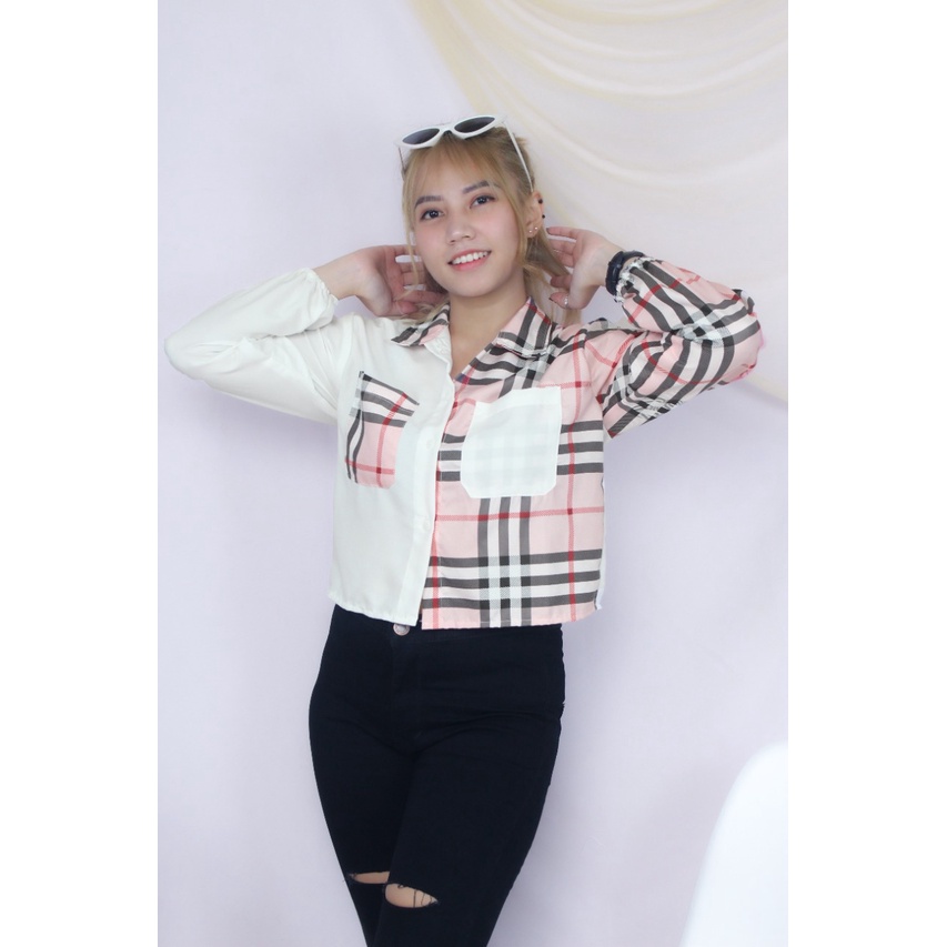 RX Fashion - Mika Crop Top Blouse // Shirt Top Tartan Two Tone // Kemeja Olive ( SPECIAL SALE - GRATIS ONGKIR )  - GA-PUTIH- BB 240 PINK