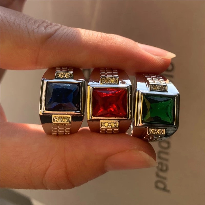 Cincin Batu Safir Zamrud Rubi Cubic Zirconia Ring Perak Model Kotak Minimalis Kantoran