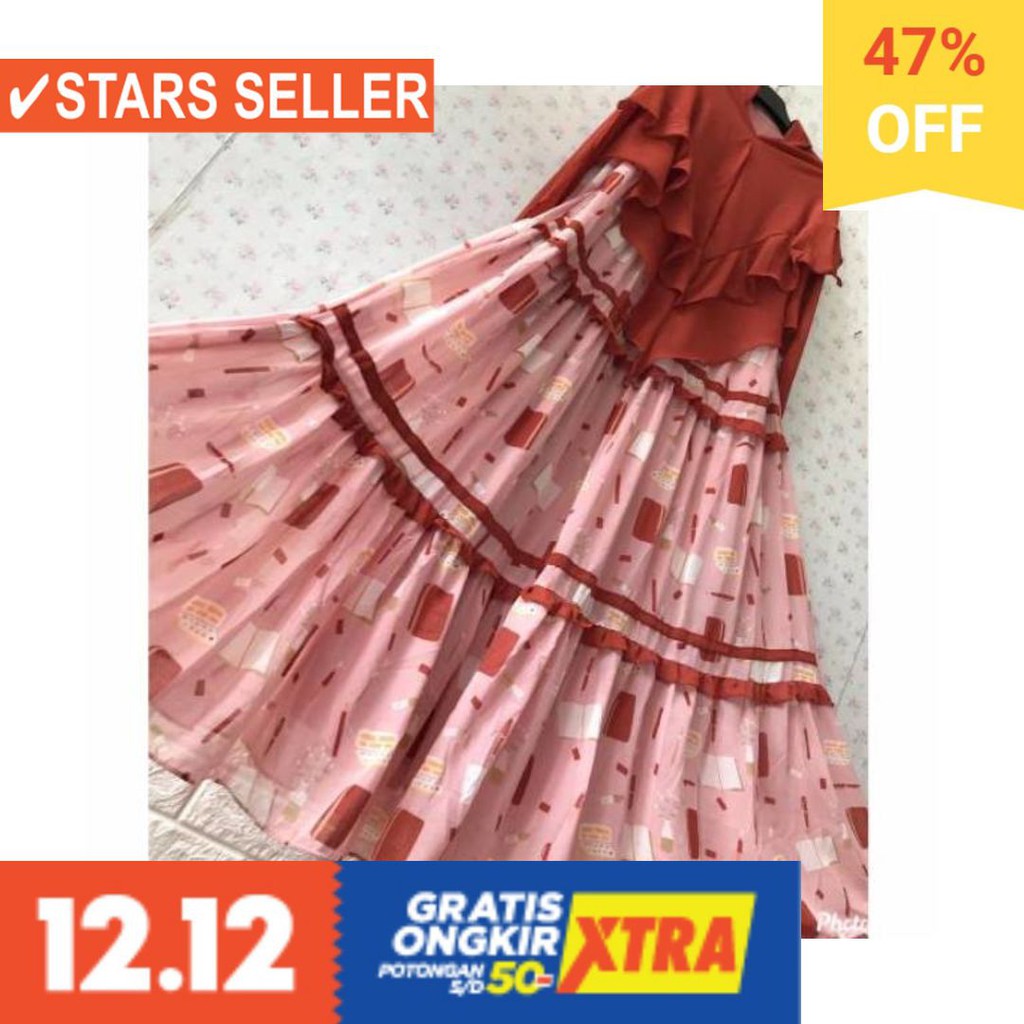 BAJU MUSLIM TERKINI TERBARU WANITA MURAH CEWE ASLI / CERUTY SET SYAR I PRINT